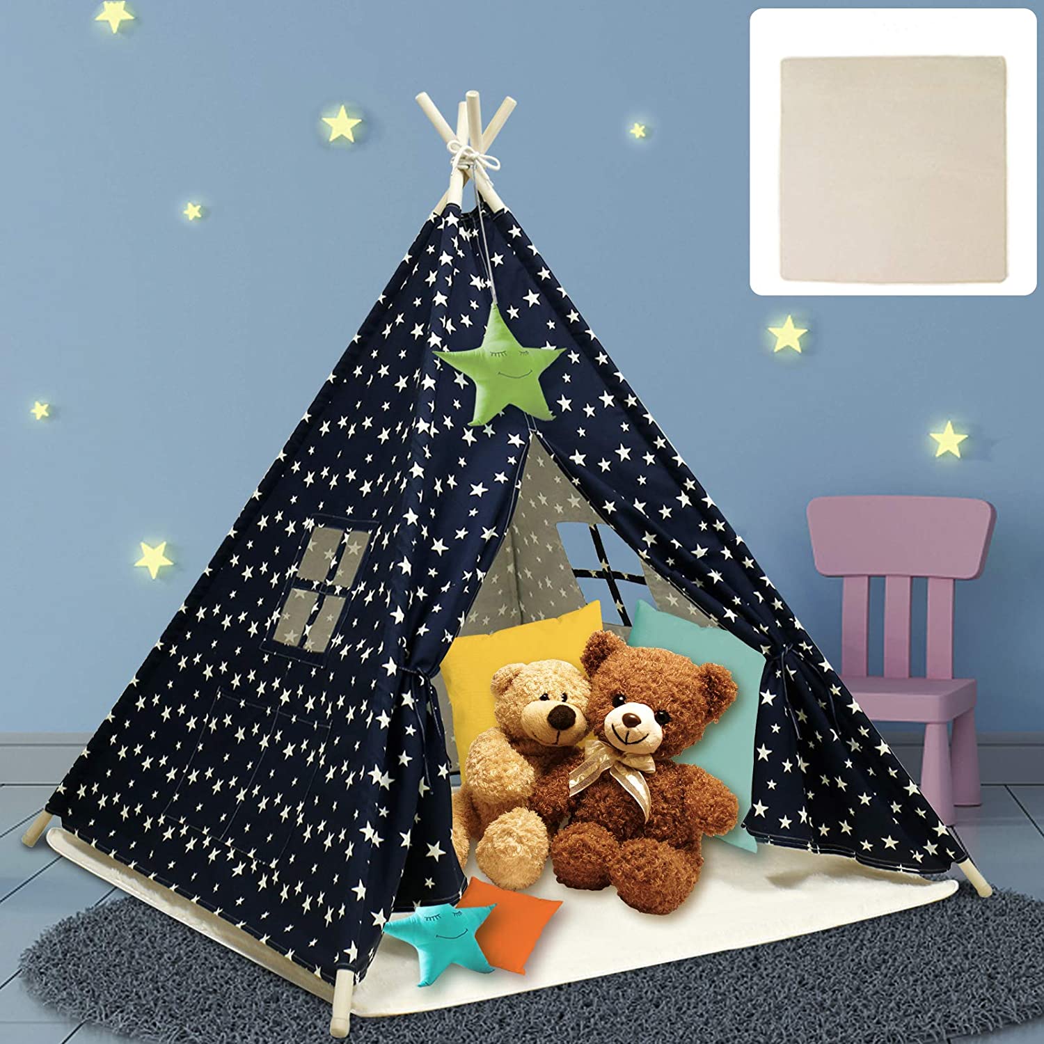 Teepee Tent for Kids Foldable Play Tent for Boys and Girls with Plush Mat Playhouse for Kids Indoor and Outdoor (Navy Blue) Featured Image