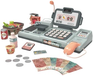 BeebeeRun Electronic Cash Register Till Pretend Play Supermarket Toy Set Smart Cash Register with Scanner Food Money Shopping Basket for Children Kids (Grey)