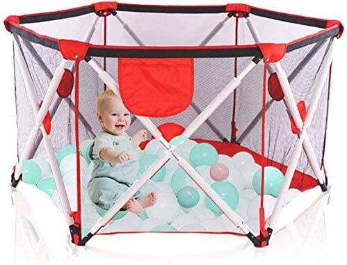 Arkmiido Baby playpen,Playpen for Baby Foldable and Portable, Hexagonal Folding Playpen with Breathable Mesh and Storage Bag, Indoor and Outdoor Play for 0-4 Ages (Red) Featured Image