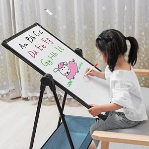 Kids Art Easel Whiteboard&Chalkboard Double Sided Easel, 29.5inch-44inch Height Adjustable & 360°Rotating with Magnetic Letters and Numbers (Black)