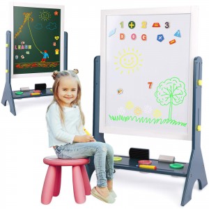 Kids 2-in-1 Wooden Art Easel,Double-Sided Magnetic Adjustable Standing Easel,Big Writing and Drawing Whiteboard & Chalkboard with Magnetic Letters and Numbers Accessories for Boys Girls