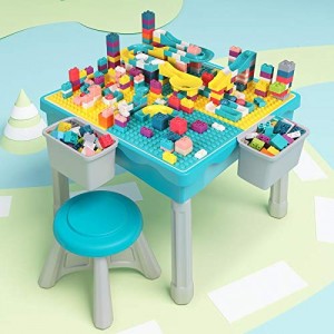 Arkmiido Activity Table for Kids Building and fishing, dining, Kids Play and Learn Desk with 1 Chair, include 200PCS blocks.