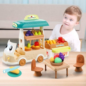 BeebeeRun Food Truck for Kids – 61PCS Play Food Toy for Toddler, Pretend Play Fruit Selling Car with Apple, Pear, Crane Scale, Coins,Gift for 3 4 5 Year Old Girls & Boys