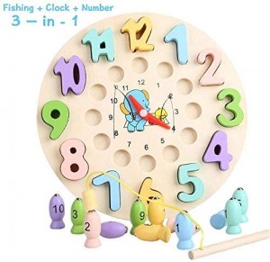 Arkmiido Wooden Magnetic Fishing Game with Number Color Sorting Clock Wooden Fishing Toy for Kids, Montessori Toys for Toddlers, Teaching Time Number Blocks Puzzle Stacking Educational Learning Toys Gifts for1 2 3 Year Olds