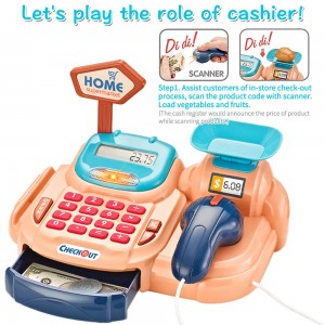 Toy Cash Register for Kids Role Play Supermarket Game 26Pcs Calculator Scanner Accessories DIY Sticker, 9”Lx7”Wx6”H(23cmx18cmx15cm), for Age 3+