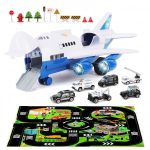 BeebeeRun Transport Cargo Airplane-Car Toys for Boys with Large Play Mat, Sounds Buttons Flashing Light,Vehicles Fire Trucks for Kids Toddlers,Gift for 3 4 5 6 Years Old
