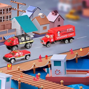 BeebeeRun Fire Truck Set Die-Cast 31 in 1 Carrier Truck Rescue Emergency Fire with Traffic Warning Sign Mini Plastic Firefighter for Boys 3+ Years Old