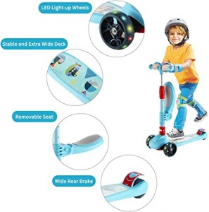 Arkmiido 3 in 1 Scooter for Kids with Foldable and Removable Seat, Adjustable Height, 3 LED Light Wheels, Kids Kick Scooter for Girls & Boys 3 to 12 Years Old (Blue)