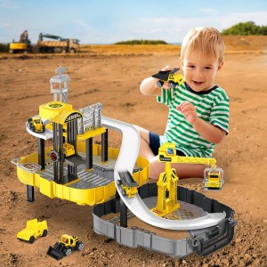 BeebeeRun Construction Vehicles for Kid – Engineering Construction Truck Parking Lot with Race Track,Helicopter,Bulldozer, Mixer Toy for 3 4 5 Year Old Boys, Toddlers, Kids,Children