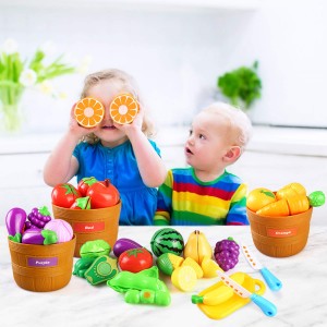 BeebeeRun Color Sorting Set with Play Food, 27PCS Play Kitchen Plastic Cutting Food for Kids Pretend Play, Fruits and Vegetables Playset, Kids Toddlers Educational Toys