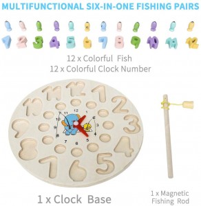 Arkmiido Wooden Magnetic Fishing Game with Number Color Sorting Clock Wooden Fishing Toy for Kids, Montessori Toys for Toddlers, Teaching Time Number Blocks Puzzle Stacking Educational Learning Toys Gifts for1 2 3 Year Olds