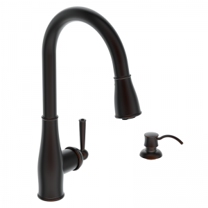 Traditional style kitchen faucet with sweeping spray with soap dispenser