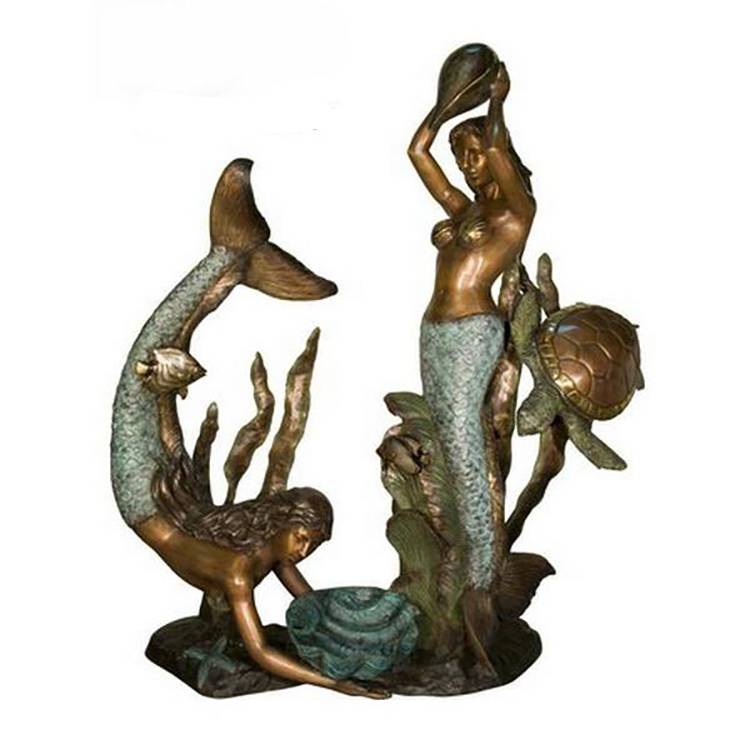 Vendita calda a grandezza naturale belle figure di sirena in bronzu Fontana cù Shell Holding