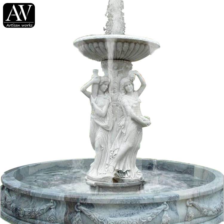 Mermerna kamena fontana okružuje damu koja pleše mermerne fontane i skulpture