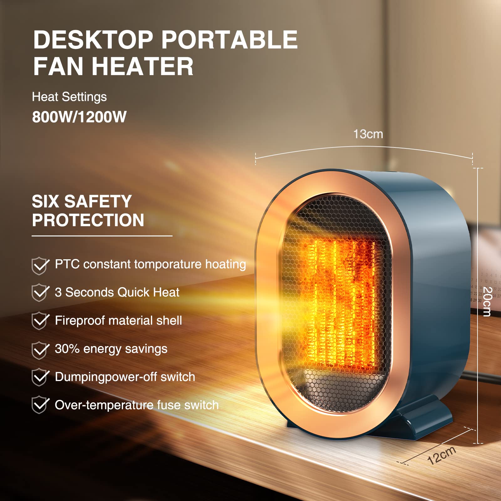 Bärbar värmefläkt PTC snabbuppvärmning säker och tyst – för kontorsbord badrum smårumsvärmare