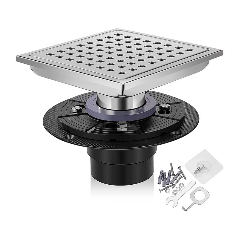 Shower Drain, 6 Inch Square Shower Floor Drain with Flange, Quadrato Pattern Grate Removable, Food-Grade SUS 304 Stainless Steel Shower Drain Silver Featured Image