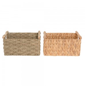 Hand-woven Natural Rectangular Basket na May Handle na Kahoy