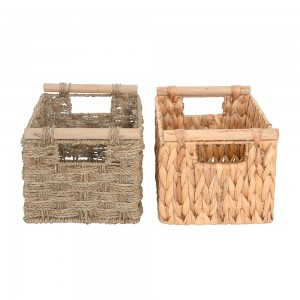 Hand-woven Natural Rectangular Basket na May Handle na Kahoy