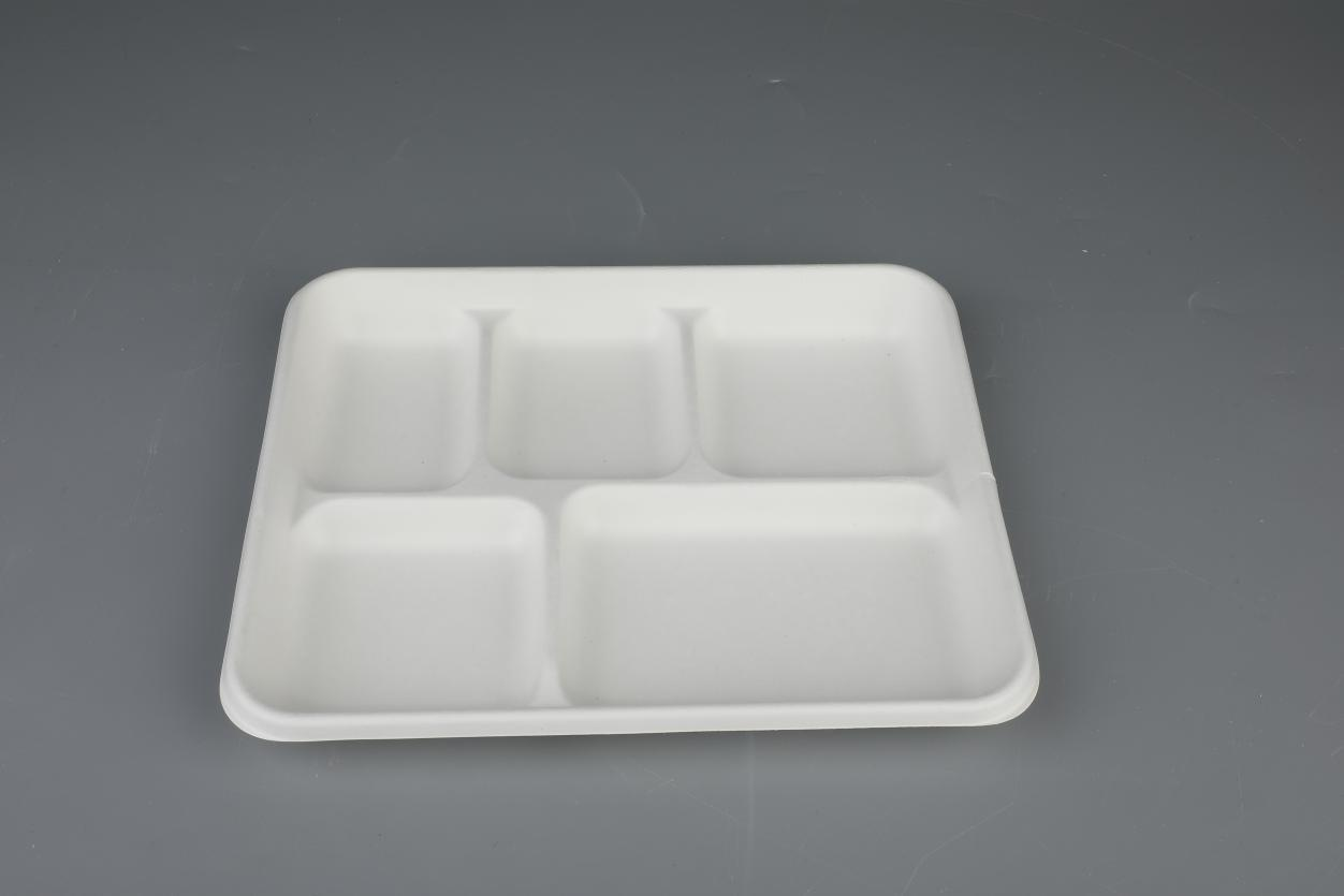 Biodegradable Tableware ປົກ​ປັກ​ຮັກ​ສາ​ສິ່ງ​ແວດ​ລ້ອມ Bagasse 5-Compartment Tray