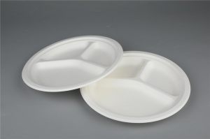 Biodegradable Qab Zib Bagasse Tableware 9 "/ 10" 3-Compartment Round Phaj