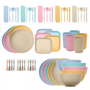 Ensemble de vaisselle de pique-nique en plastique, paille de blé écologique multicolore, service de table pour enfants et adultes