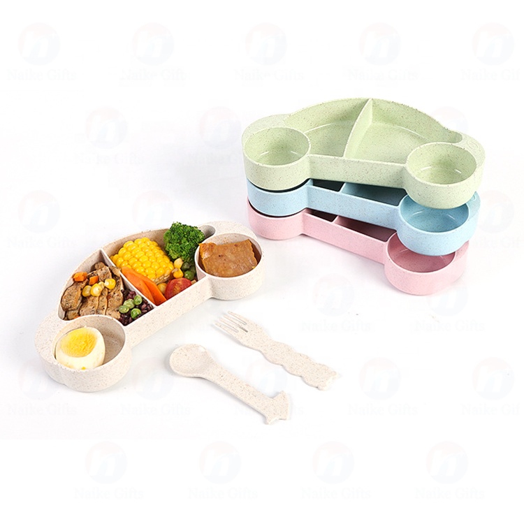 Tecknad bärbar skål gaffel och sked miljöskydd servis set vete halm servis set för barn