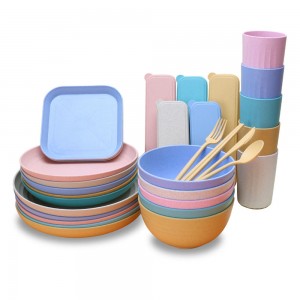 Set Peralatan Makan Piknik Plastik Jerami Gandum Ramah Lingkungan Muti Color Set Peralatan Makan Malam untuk Anak-anak dan Dewasa