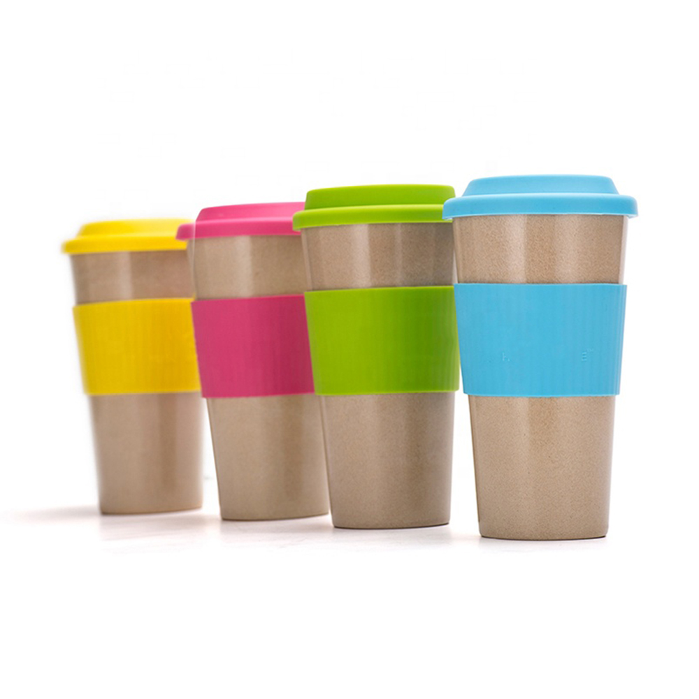 Promotional custom reusable biodegradable rice husk plastic travel coffee cup with cover
