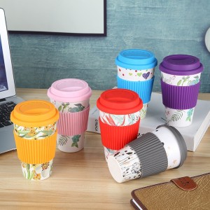 Promotional custom reusable eco friendly bamboo fiber plastic travel coffee cup with lid