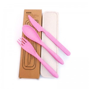 Portable eco friendly wheat straw plastic kids travel camping spoon fork cutlery tableware set with case