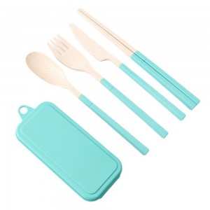 Set peralatan makan sendok garpu sendok garpu berkemah perjalanan anak-anak plastik jerami gandum ramah lingkungan portabel dengan kotak
