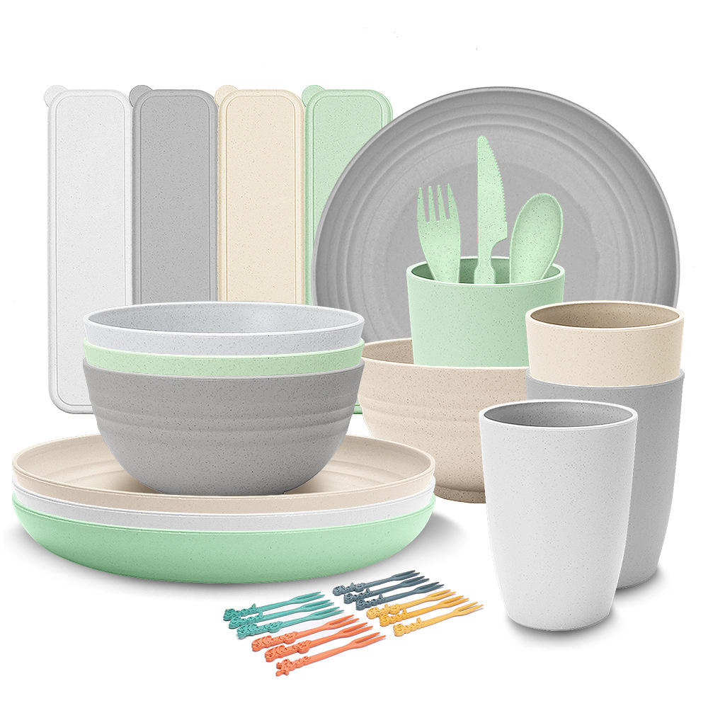 Warna-warni tiasa dianggo deui jarami gandum ramah lingkungan palastik piknik dinnerware set dinner tableware set pikeun kids déwasa