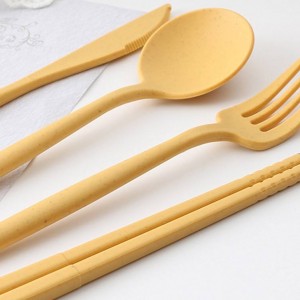 Portabel eco friendly jarami gandum palastik kids perjalanan kémping sendok garpu cutlery tableware set kalawan case