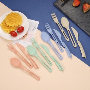 Portabel 3 in 1 ramah lingkungan jerami gandum plastik anak-anak travel camping sendok garpu sendok garpu set peralatan makan