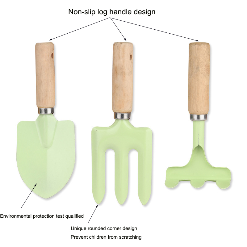 3 peças mini conjunto de ferramentas de jardinagem para crianças com cabo de madeira imagem em destaque
