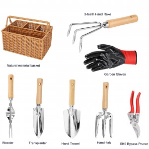 8 vnt sodo rankiniai įrankiai su krepšeliu