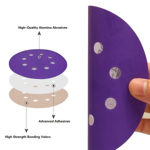 Disco de lijado flocado, abrasivo de cerámica púrpura, discos de papel de lija en seco húmedo de 8 orificios para automoción