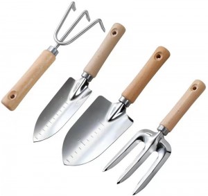 Set de 4 ferramentas de xardín de aceiro inoxidable con mango de madeira
