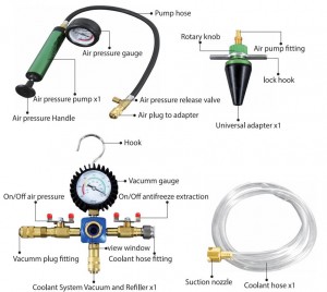 ເຄື່ອງມືທົດສອບລະບົບເຮັດຄວາມເຢັນອັດຕະໂນມັດ Radiator Pressure Tester Kit