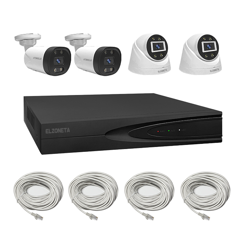 4 kanalų PoE NVR rinkiniai su 4MP dvigubo apšvietimo laidinėmis apsaugos kameromis, garso ir šviesos signalizacija, IP66, EB-NP4C416-LA