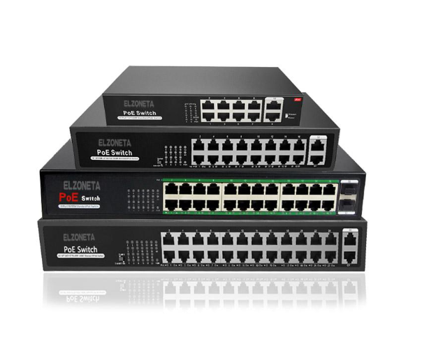 Štiri povezave za napajanje omrežnega stikala do IP kamere