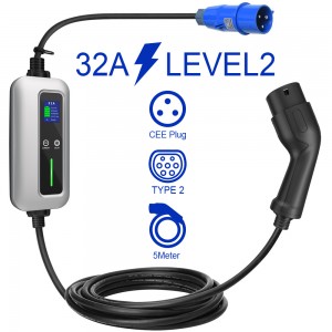 32A लेभल 2 प्रकार 2 EV चार्जर नीलो CEE प्लगको साथ वर्तमान समायोज्य ढिलाइ चार्जिङ