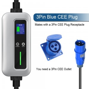 32A Ipele 2 Portable ev Ṣaja Iru 1 plug pẹlu Blue CEE plug Electric Car Ṣaja