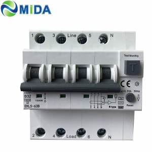 Interruptor de circuito tipo B RCBO B16A EKL5-63B 30mA 400V RCD 40A 63A