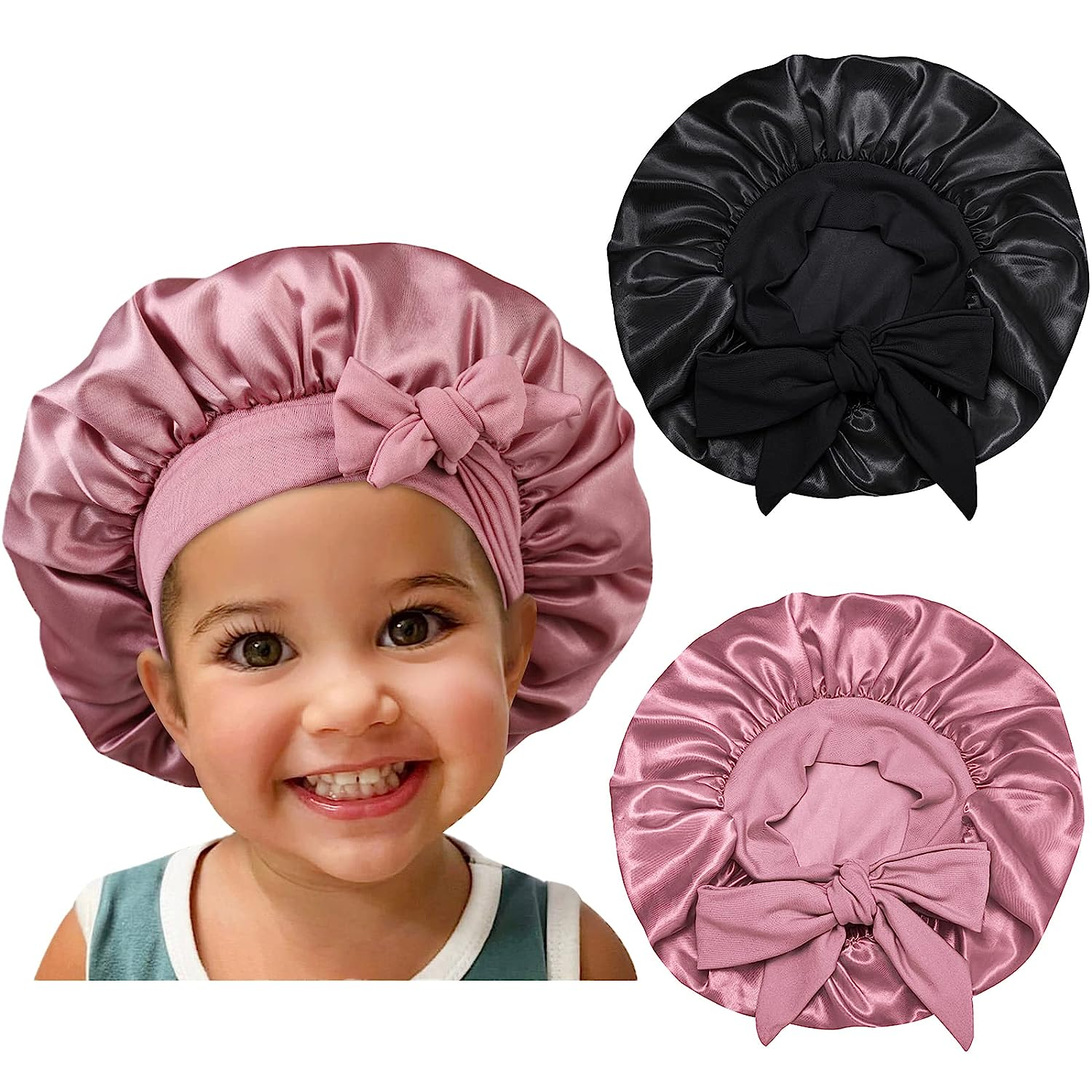 Satin Silk Bonnet Cap Hair for Kids with Elastic Noe Band