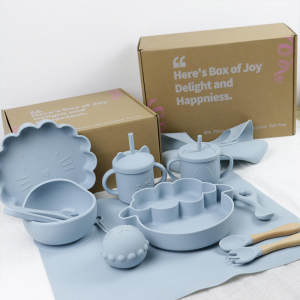 PISSEN ຂາຍສົ່ງເດັກນ້ອຍ Geschirr Led Weaning Silicone Bib Spoon Bowl Spoon Bowl Plate Silicone Baby Feeding Tableware Set Products
