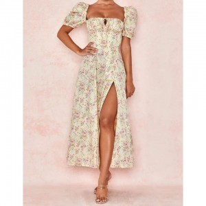Новопристигнувања дама стилски памучен долг надуван ракав во линија цветен макси секојдневен фустан летна женска облека