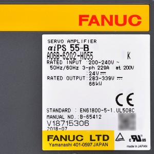 Fanuc დისკები A06B-6202-H055 Fanuc სერვო გამაძლიერებელი aiPS 55-B კვების წყარო