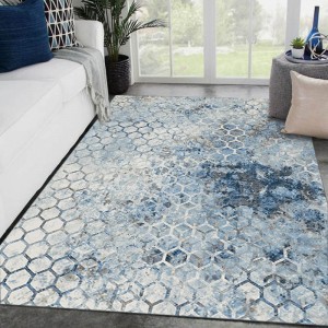 Karpet Lembut Poliester Biru dan Putih Pola Geometris Desain Kustom