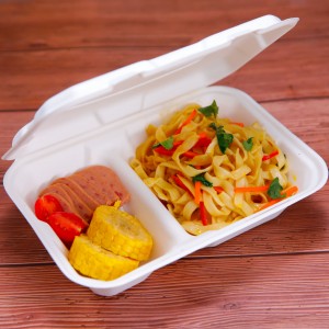 ກ່ອງບັນຈຸອາຫານ 9 X 6″ 2 ຊ່ອງ Disposable Takeaway Food Containers Biodegradable Sugarcane Bagasse Pulp Clamshell Lunch Box